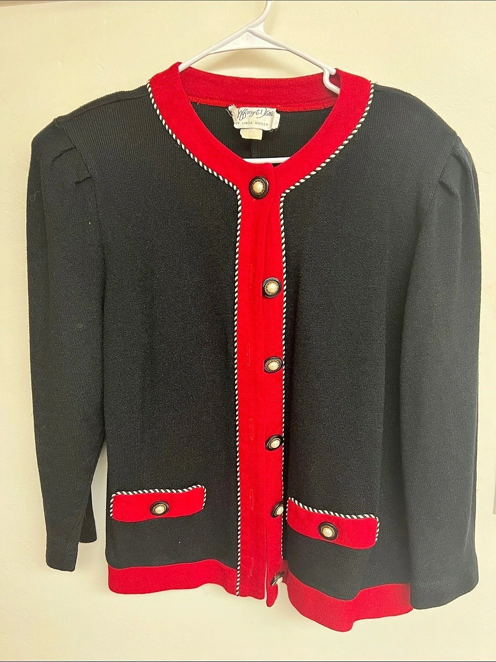 Vintage Jeffrey & Dara Black Red Knit Jacket Gold Faux Pearl Buttons 80s/90s